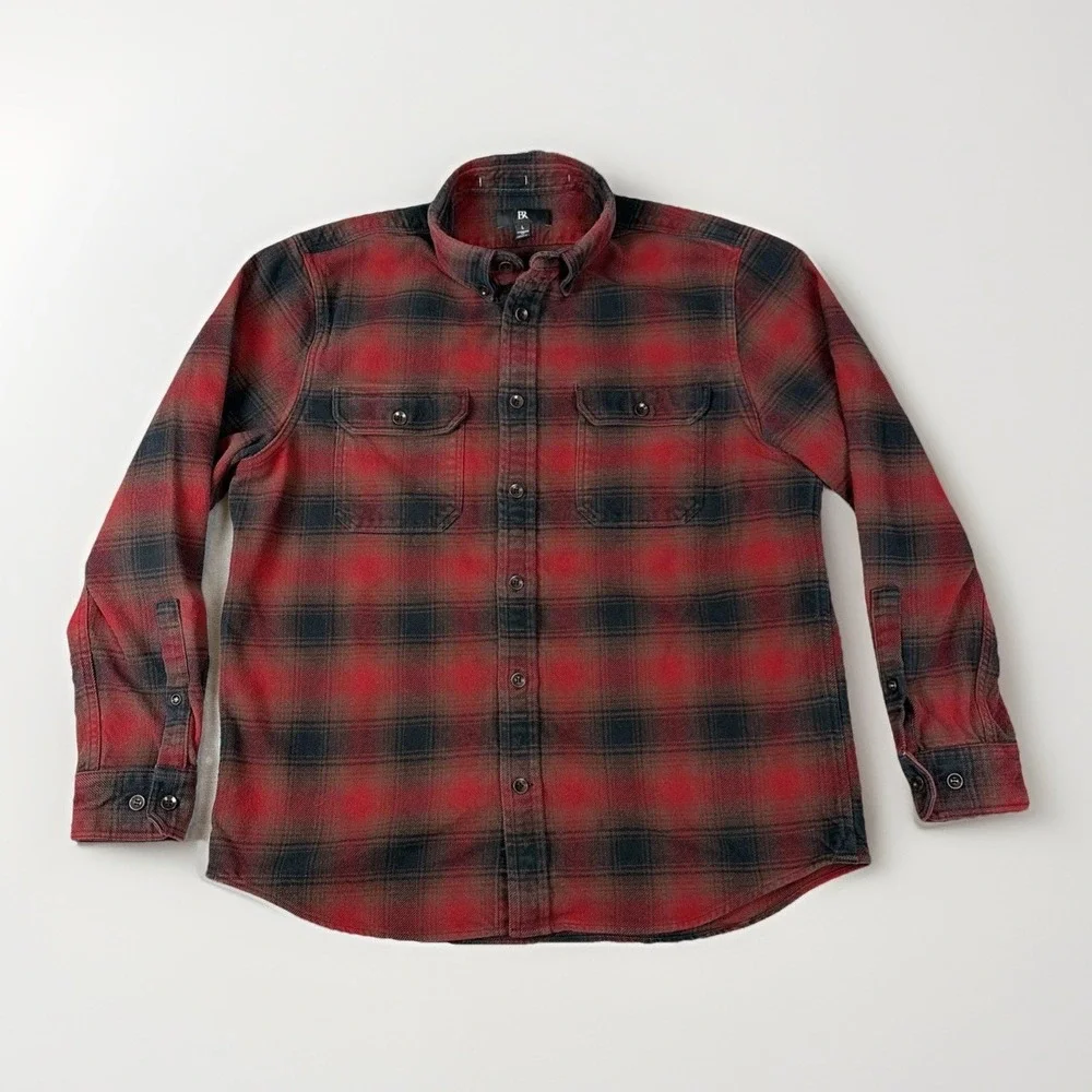 Banana Republic Flannel Shirt Mens L Red Black Plaid Button Down Cotton